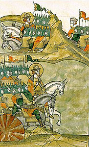 Ледовое побоище (1242 г.) – летописные миниатюры XVI в. Александр Невский выводит русское войско на Чудское озеро.