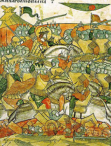 Ледовое побоище (1242 г.) – летописные миниатюры XVI в. Битва в разгаре.