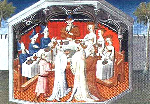 Иллюстрация из книги Марко Поло: трапеза во дворце Хубилая